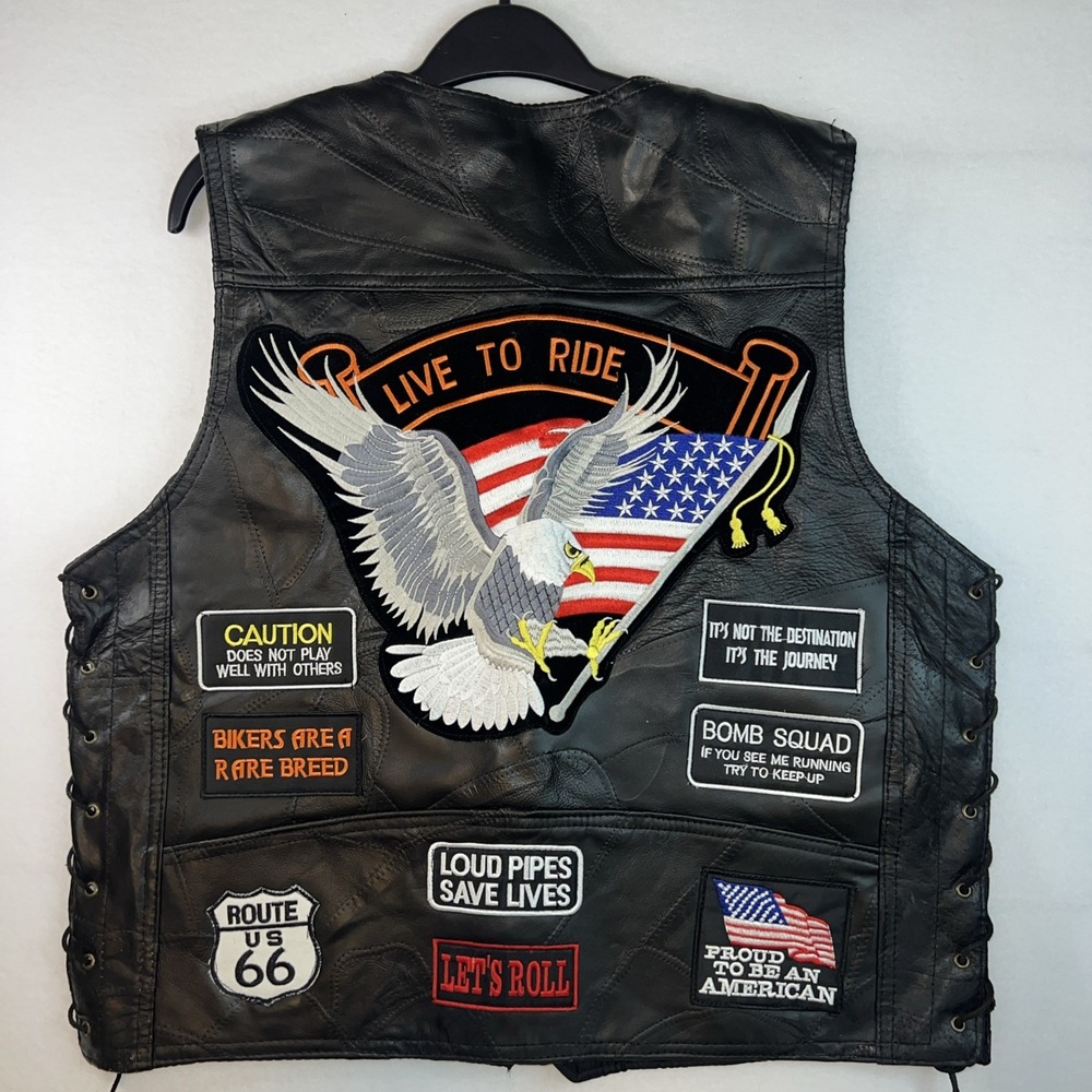 Buffalo Leather Biker Vest 14 Patches American Eagle USA Rte 66 Diamond Plate L